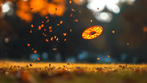 Flying orange frisbee cuts through glowing autumn leaves.