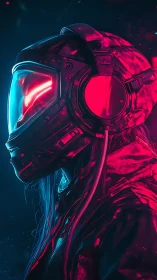 Side profile of helmeted figure in neon cyberpunk lighting.