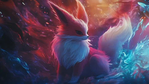 Mythic fox creature in neon elemental stormscape.