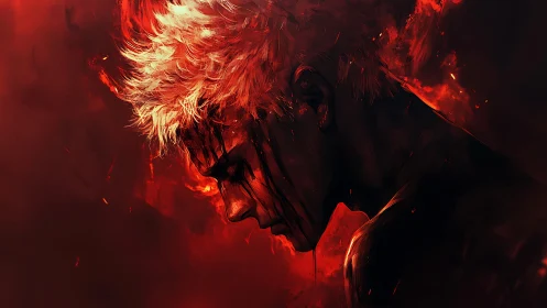 Brooding flame crowned warrior wrapped in molten red light.