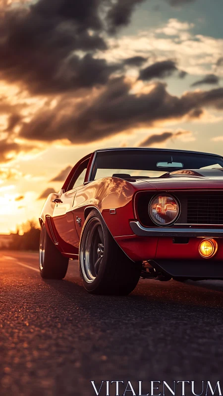 Low-angle study of tuned vintage muscle car at sunset glow.
