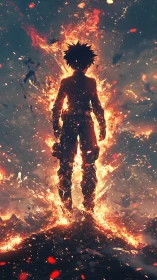 Heroic silhouette glowing with fire and unstoppable courage.