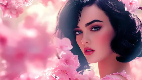 Elegant woman amid dreamy pink blossoms gazes softly.