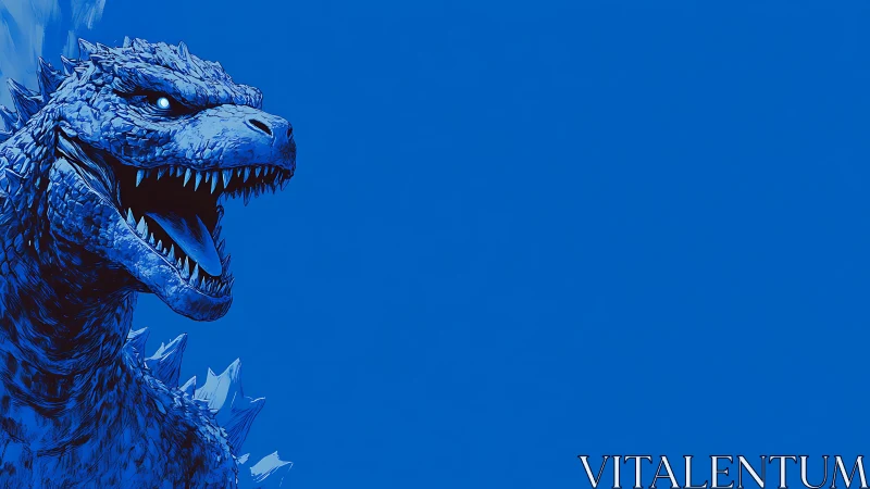 Blue monochrome profile of roaring reptilian kaiju head.