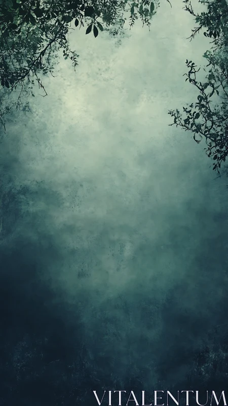 Mist-veiled forest vignette with textured teal haze.