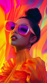 Radiant woman in neon sunglasses glowing with bold color.