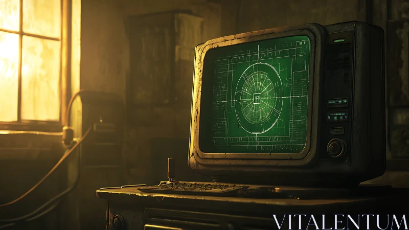 Retro radar terminal glows in dusty industrial control room