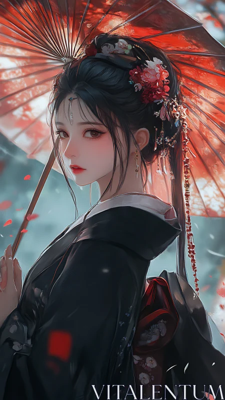 Scarlet parasol muse in drifting petals and twilight hush.