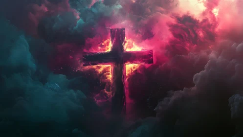 Luminous cosmic cross blazing through storm-swept nebula.