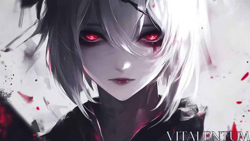 Pale anime portrait isolates crimson eyes in high contrast