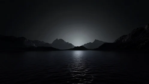 Lunar backlit mountain range over still nocturnal lake horizon
