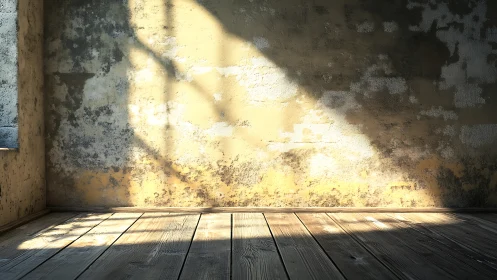 Sunlit worn plaster wall and rustic wooden floor composition.