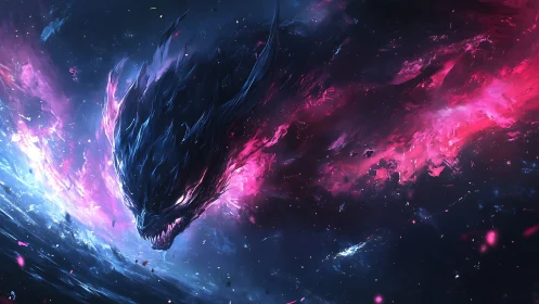 Galactic Void Serpent Ignites Neon Storm Across Space.