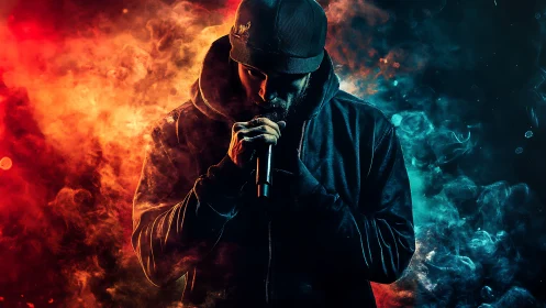 Hooded rapper commands stage amid blazing bicolor smoke.
