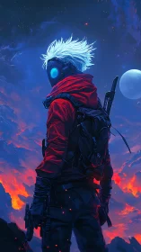 Lone masked wanderer surveys a neon-lit alien horizon