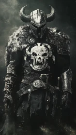 Armored horned warrior stands in worn fur and skull emblem