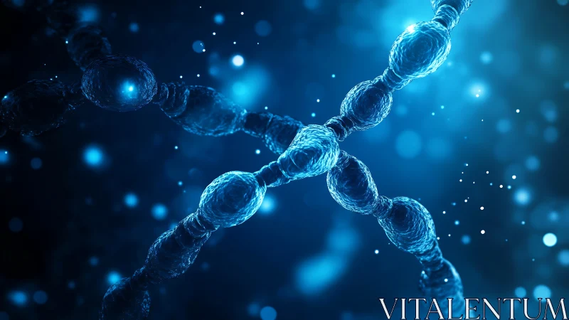 Microscopic blue molecular chains with particle background.