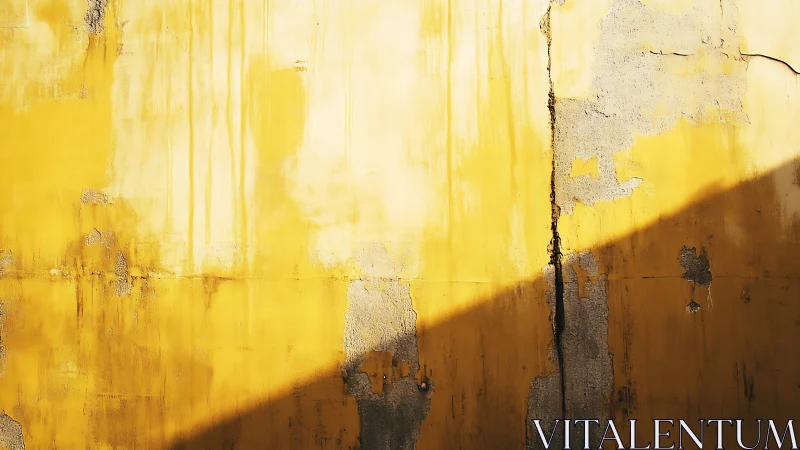 Sunlit yellow wall reveals textured decay and bold contrast