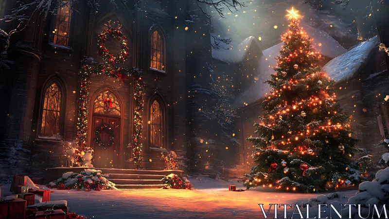 Digital painting of illuminated Christmas tree courtyard scene.