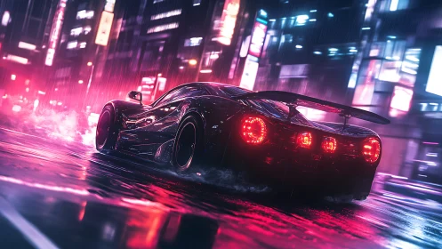 Neon hypercar streaks through rainy cyberpunk city night.