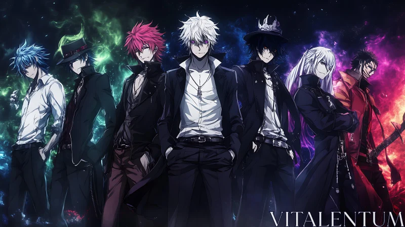 Seven anime antiheroes with elemental auras in luminous nebulae