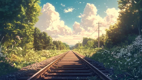 Sunlit rural railway recedes under cumulonimbus sky in anime style