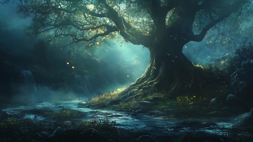 Bioluminescent forest nexus with luminous riverine worldtree.