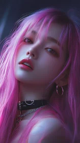 Digital portrait depicts pink haired subject in soft neon light