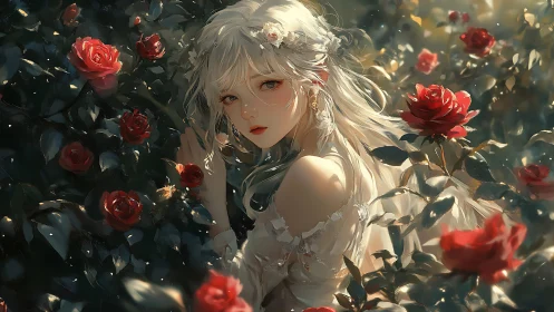 Ethereal white haired girl amid glowing red rose garden.