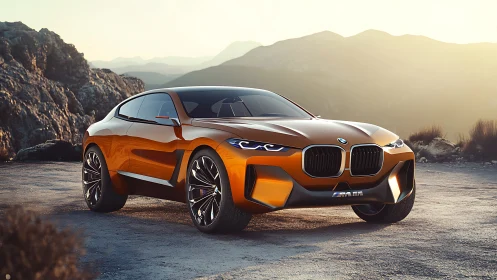 Sunlit bronze concept coupe prowls a rugged mountain overlook.