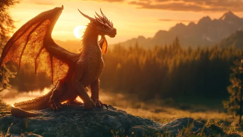 Sunlit dragon keeps golden watch over the mountain valley