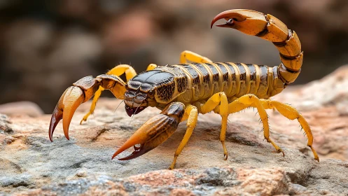 Yellow scorpion on rocky terrain in detailed close-up view.