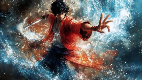 Samurai warrior channels elemental water surge in dynamic arc