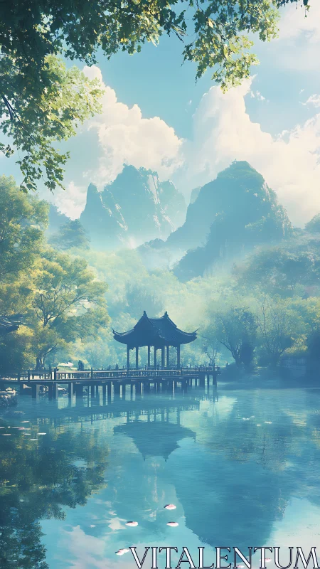 Tranquil lakeside pavilion beneath misty jade mountains.