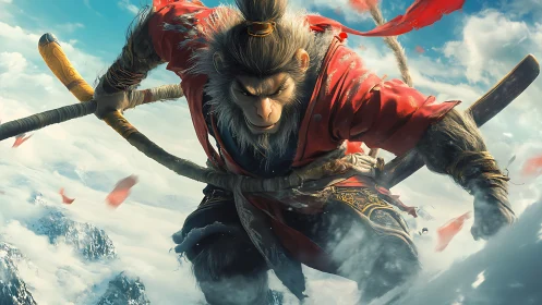 Mythic warrior monkey charges across stormy mountain skies.