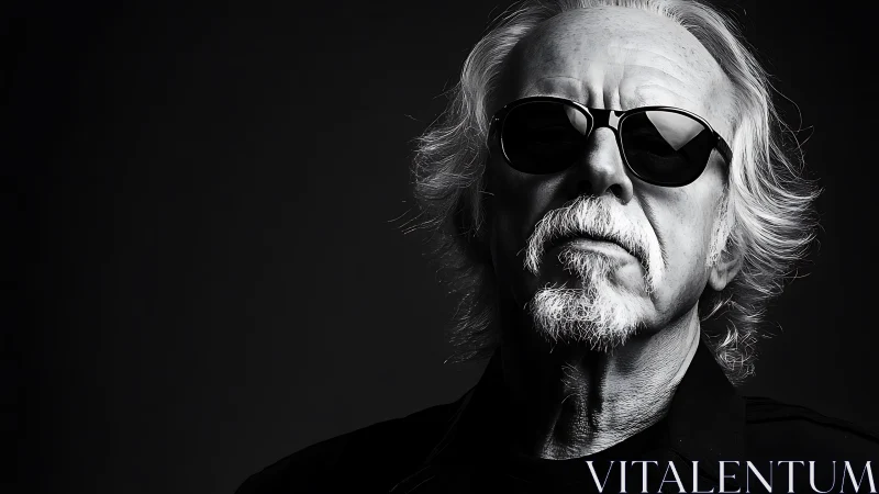 Monochrome portrait of stern older man in dark sunglasses.