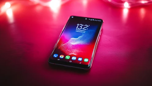 Android smartphone displays vibrant lock screen with gradient particle effects.