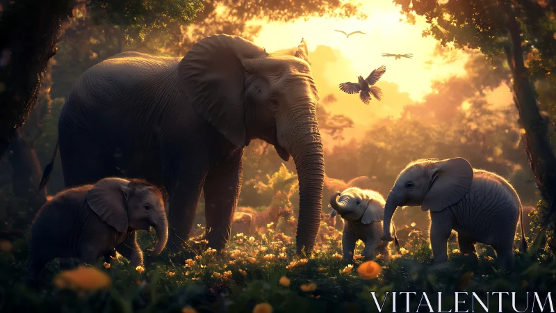 Elephant family basks in golden forest sunrise glow.