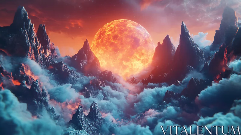 Volcanic exoplanet sunrise over jagged spires and cloud sea