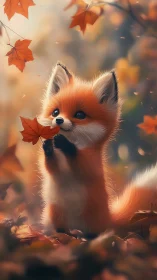 Cute baby fox holding autumn leaf in warm forest light.