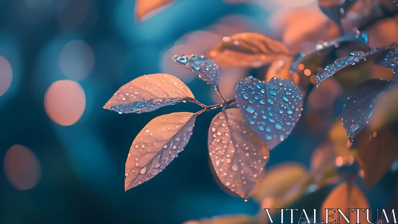Rain droplets on illuminated leaves in shallow depth of field.