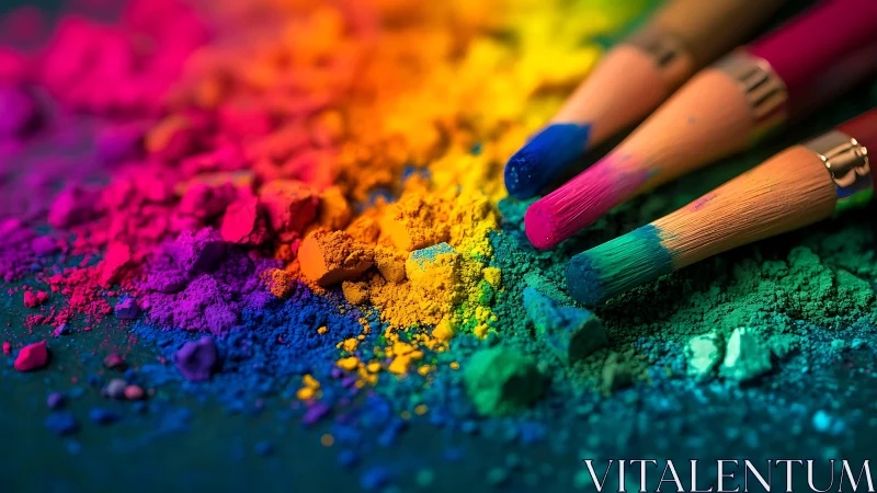 Vibrant paintbrushes rest in a scattered rainbow of pigments