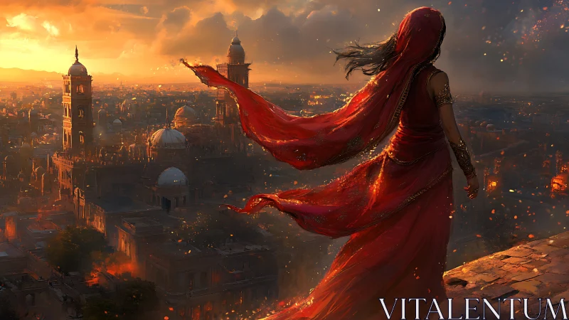 Veiled woman in red overlooks a sunlit ancient city