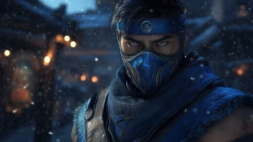 Frostbound masked warrior glaring through the midnight snowfall.