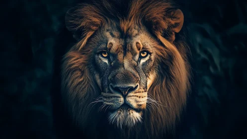 Majestic lion stares through dramatic shadows in darkness.