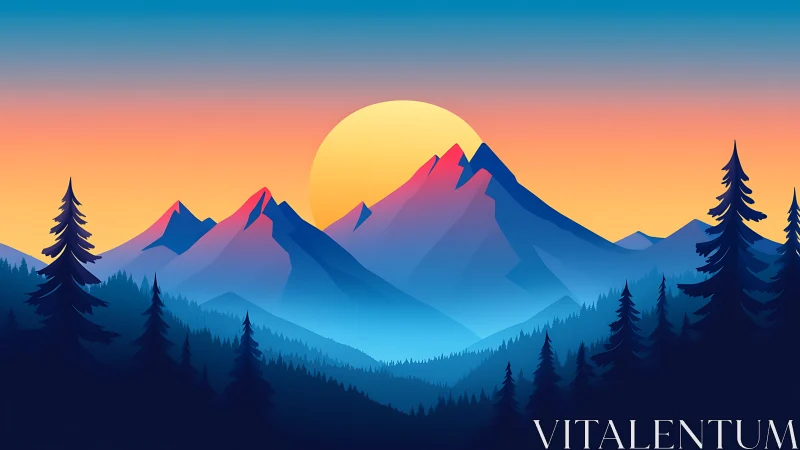 Stylized alpine sunset with layered gradients and silhouettes
