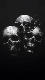 Three silent skulls in shimmering monochrome darkness.
