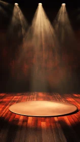 Empty wooden stage circle under warm theatrical spotlights.