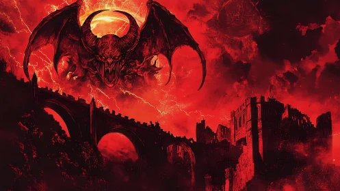 Demonic winged overlord over ruined fortress in red storm.