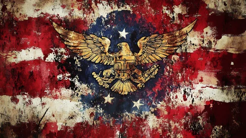 Grunge style American flag background with golden eagle emblem.